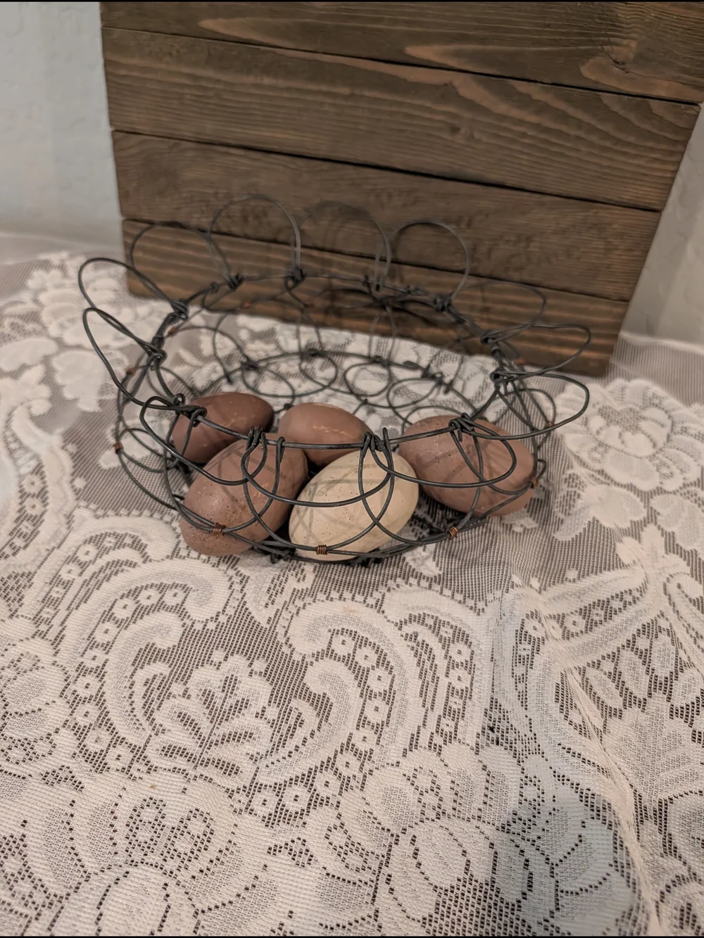 Antique Collapsible French Egg Basket W/ Wood Eggs